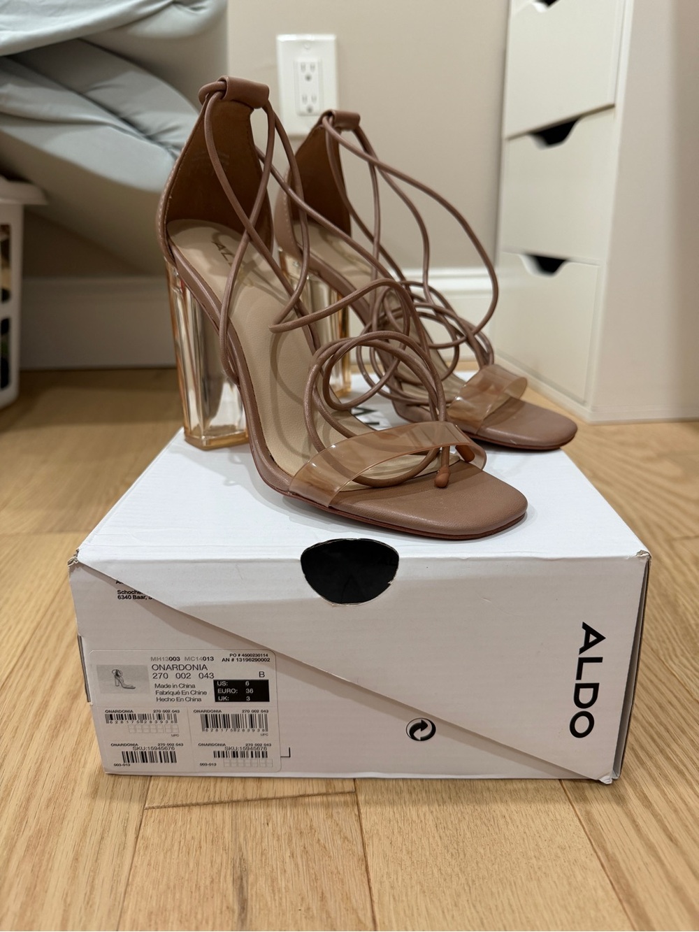 ALDO Tan Strappy Lace-Up Heeled Sandals with Clear Block Heel